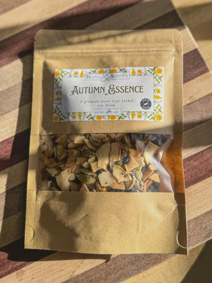 Kraft Autumn Essence pouch with a clear window showing the chunky dried apple and spice blend